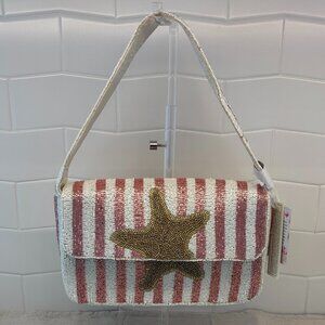 Made in India Beaded Starfish Shoulder Bag - Gold, Pink & White Stripes